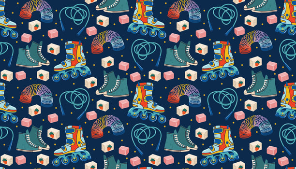 Retro 1990s seamless pattern with sneakers, roller skates, bubble gum, spring toy, and jump rope in cartoon flat style. Bright nostalgic texture perfect for fabric, kids items, or party decor. vector
