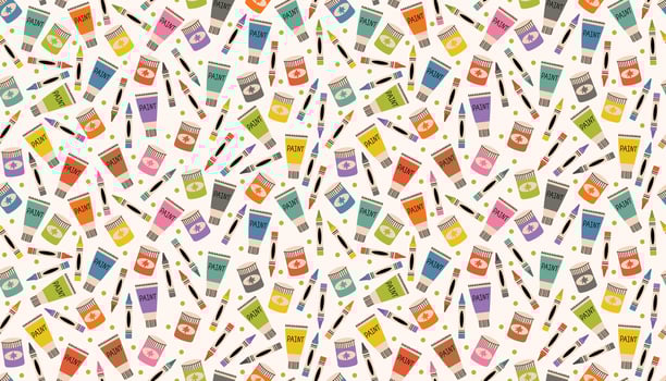 Fun and playful seamless pattern of messy crayons, paint tubes, and dots in bright flat cartoon style. Great for educational decor, art prints, textiles, and creative projects. vector