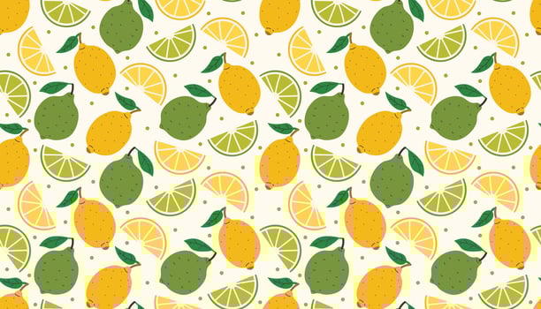 Playful seamless pattern of lemons, limes, juicy slices, leaves and dots. Bright colors and clean flat cartoon style make it ideal for fabric, wrapping, kitchen decor, or fruity digital art. vector