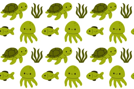 Green jellyfish, turtles, and seaweed arranged in a seamless marine pattern, ideal for nature and underwater-themed kids products vector