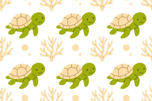 Seamless pattern with green sea turtles and beige coral branches on white background for calm and educational ocean visuals vector