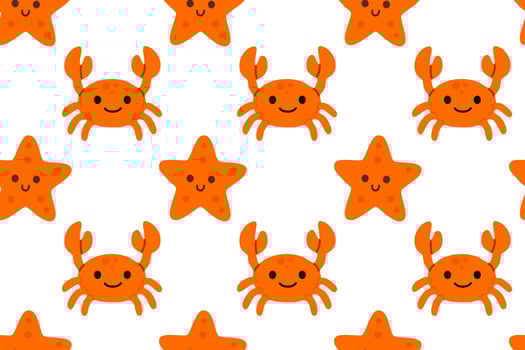 Bright seamless pattern with orange starfish and crabs on a clean background, ideal for playful ocean-themed prints for children vector