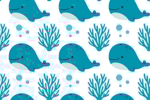 Blue whales swimming among coral and seaweed in a seamless pattern, great for educational, marine, or decor use vector