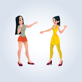 Two girls talking to each other with unique dresses background vector