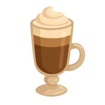 coffee drink in glass with whipped cream, cozy cartoon clipart for cafe and dessert themes. vector