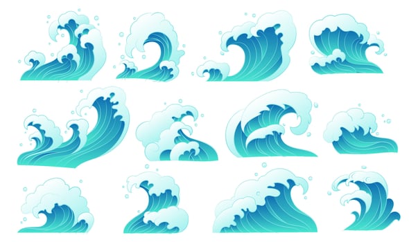 A collection of elements of ocean waves and splashes vector