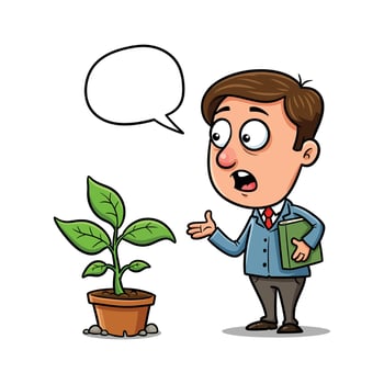 A Cartoon Teacher Talking to Plant Clipart - Blank Speech Bubble for Custom Text vector