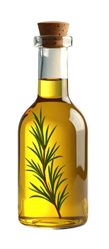 Glass bottle with cork stopper contains golden rosemary infused oil for cooking delight,cut out png