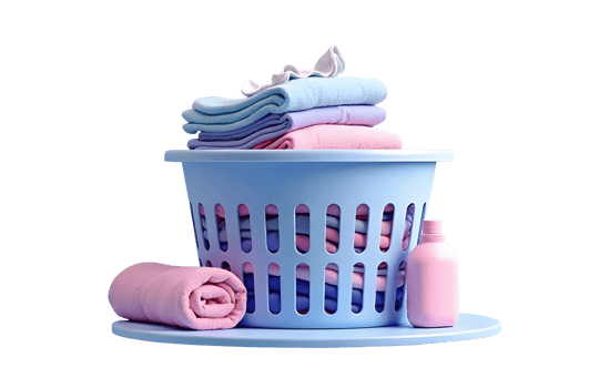 Satisfying image of clean laundry basket, folded towel, and liquid bottle png