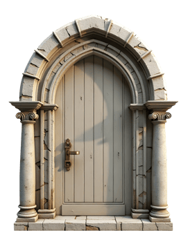 Ancient doorway with stone arch and wooden door in warm light png