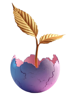Golden sprout growing from cracked colorful egg shell, symbol of new life and hope,cutout png