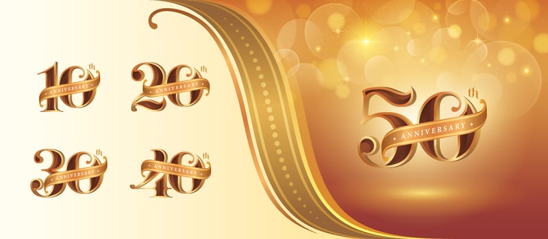 Set of 10 to 50 years Anniversary logo design, Ten to Fifty years Celebrating Anniversary Logo, Red Gold curved Ribbon Elegant Classic Logo, 10,20,30,40,50, vector
