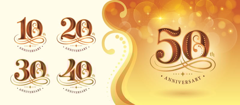 Set of 10 to 50 years Anniversary logo design, Ten to Fifty years Celebrating Anniversary Logo, Gold curved lines dots Elegant Classic Logo, 10,20,30,40,50 vector