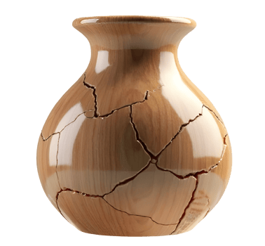 Cracked wooden vase with glossy finish showing natural wood texture and damage,cutout png