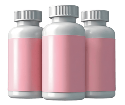 Plastic pill bottles with pink label and white cap, medical containers for medication png