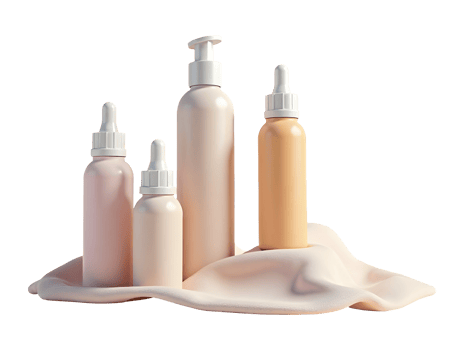 Neutral tone cosmetic bottles with dropper and pump on soft fabric png