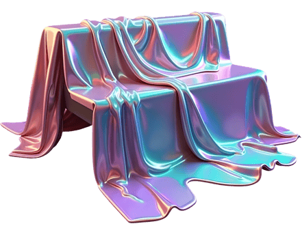 Iridescent fabric draped over bench with smooth, shiny, colorful folds creating futuristic look png