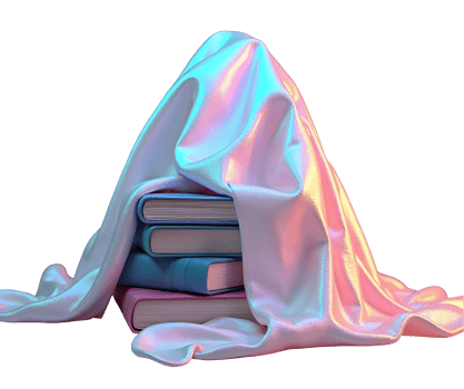 Stack of books covered with shiny silk fabric glowing with colorful light creates magical mood png