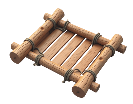 Wooden raft made of logs tied with rope, simple and rustic floating platform png
