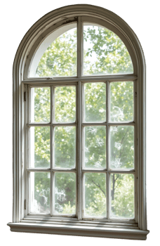 Old arched window with cracked glass and green trees outside on sunny day png