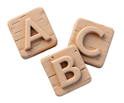 Wooden alphabet blocks with letters A, B, and C carved in natural wood texture png