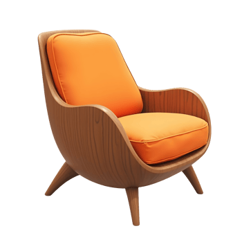 Modern wooden chair with bright orange cushions offers cozy seating comfort png