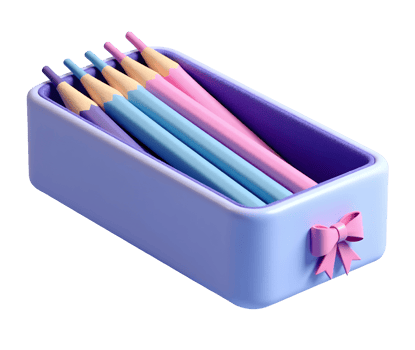 Colored pencils in pastel purple box with pink bow, arranged neatly and inviting creativity png