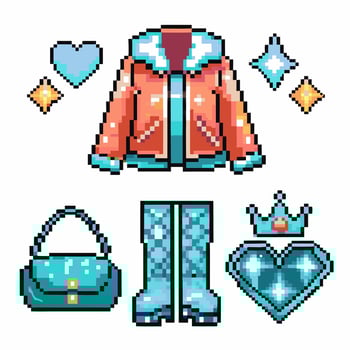 pixel art fashion items stylish jacket, boots, crown, handbag, heart, sparkling gems on white backdrop vector