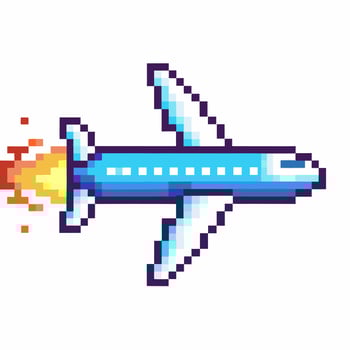 Pixel art airplane with fiery exhaust in retro game vector