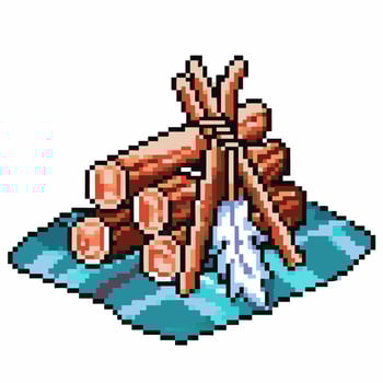 Pixel art campfire with logs and smoke in retro vector