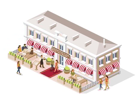 Isometric street restaurant with outdoor terrace, people dining and walking, waiter, menu stand, red carpet, striped awnings, rooftop details, greenery in planters. Urban hospitality scene. vector