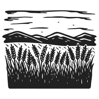 Scenic wheat field with mountains and sky, black and white nature landscape vector