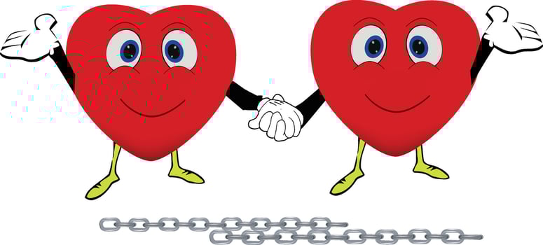 Two hearts holding hands and one is holding a chain vector