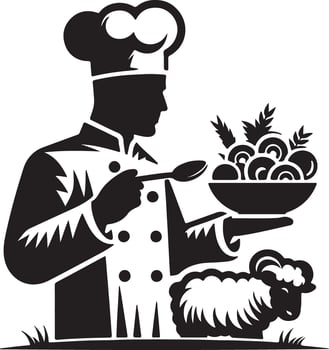Chef holding a bowl of food with a spoon and a sheep in a black and white image vector