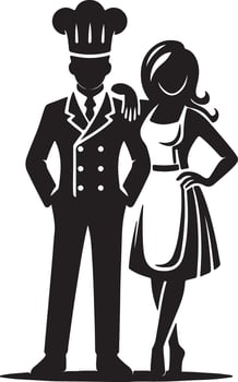 Chef and woman in apron standing together in black and white illustration style vector