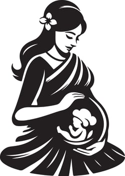 Stylized illustration of pregnant woman with baby inside her womb in black and white vector