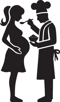 Chef feeding pregnant woman with spoon and bowl in black and white silhouette art vector