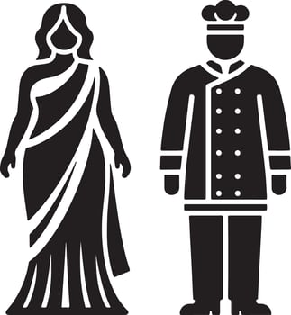 Illustration of a woman in a saree and a chef standing next to each other in black vector