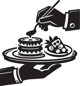 Black and white graphic of pancakes and cake being served on a platter by a hand vector