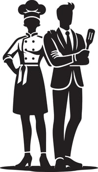 Silhouette of chef and manager posing together in black and white illustration vector