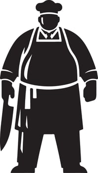 Illustration of a stout chef in black and white holding a knife in his left hand vector
