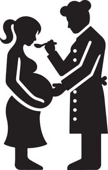 Silhouette of pregnant woman being fed by chef in black and white illustration art vector
