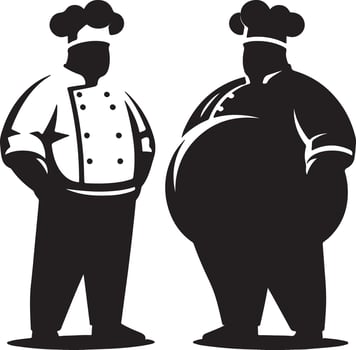 Two chefs in uniform standing side by side in a black and white illustration vector