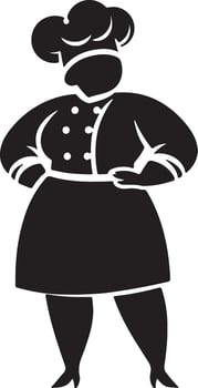 Black silhouette of a chef in uniform with hands on hips against a white background vector