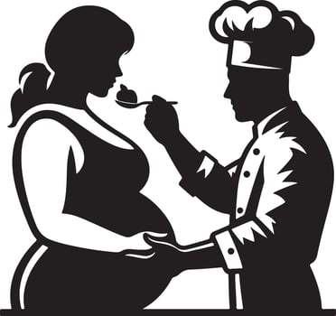 Silhouette of pregnant woman being fed apple by chef in black and white image vector