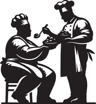 Silhouette illustration of two chefs preparing food with bowls and a spoon in kitchen vector