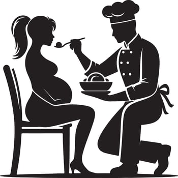 Silhouette of pregnant woman being fed by chef kneeling with bowl and spoon in hand vector