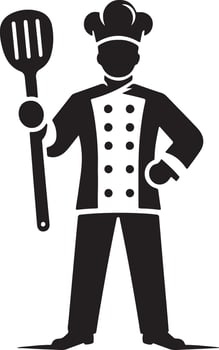 A black and white illustration of a chef holding a spatula with a white background vector