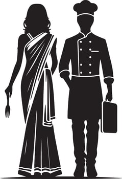 Silhouette of a woman in a sari holding a fork and a chef holding a cutting board vector