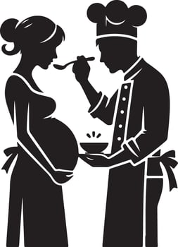 Chef feeding pregnant woman with spoon and bowl in black and white silhouette style vector